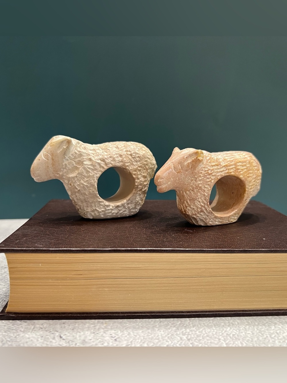 Hand Carved Sheep Lamb Soapstone Napkin Ring Set 2 Africa Kenya